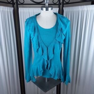 Lafayette 148 Two Piece Knit Cardigan and Knit Tank Top Set, Acqua,‎ Size S